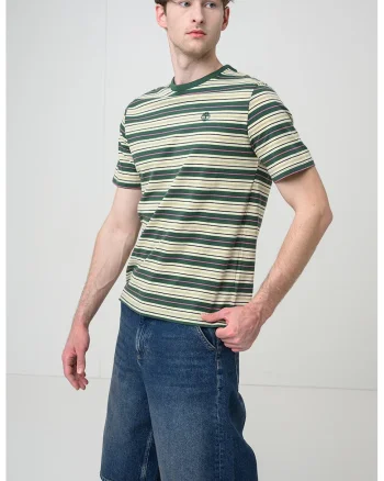 , Tricou cu decolteu la baza gatului si model in dungi, Verde/Galben