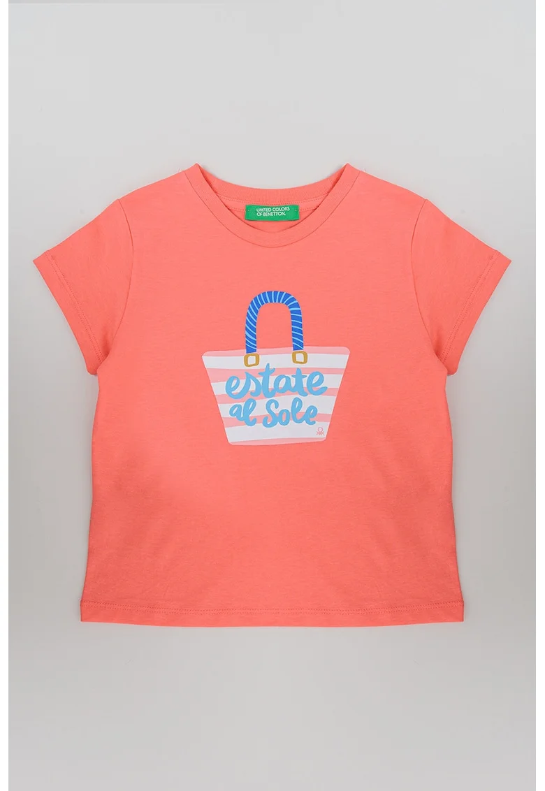 Tricou cu decolteu la baza gatului si model grafic, Roz somon
