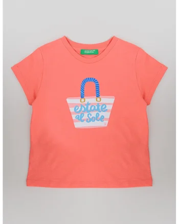 Tricou cu decolteu la baza gatului si model grafic, Roz somon