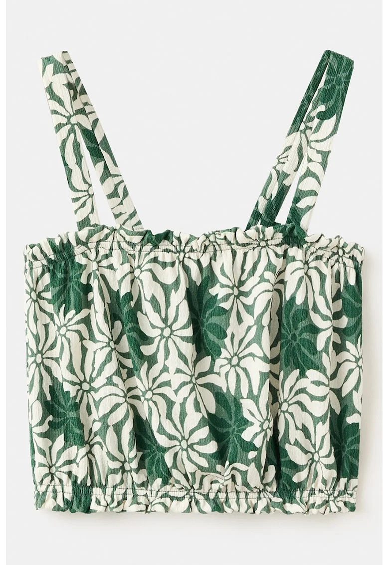 Top cu model floral si decolteu patrat, Verde inchis/Alb murdar
