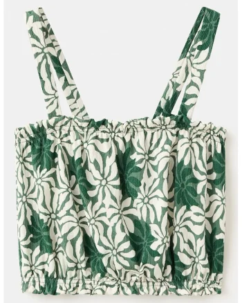 Top cu model floral si decolteu patrat, Verde inchis/Alb murdar