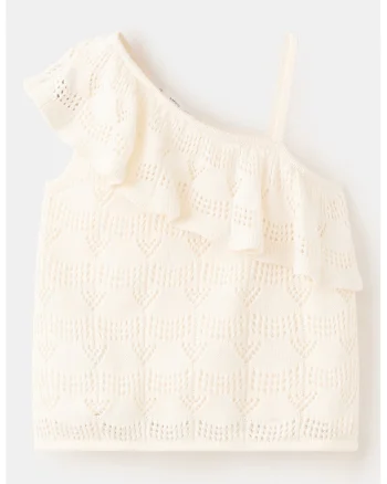 Top crop cu perforatii si volane, Crem