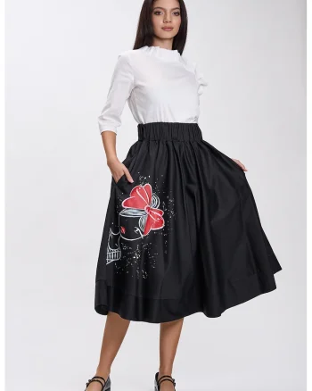 Fusta neagra midi pictata manual Zina