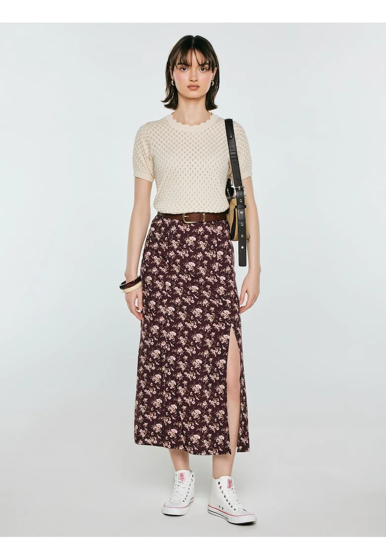 Fusta midi cu imprimeu floral si talie elastica Shimenita 804