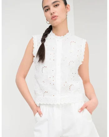 Bluza de bumbac organic cu perforatii Emily, Alb