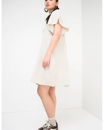 Rochie din bumbac cu maneci cu volane, Crem