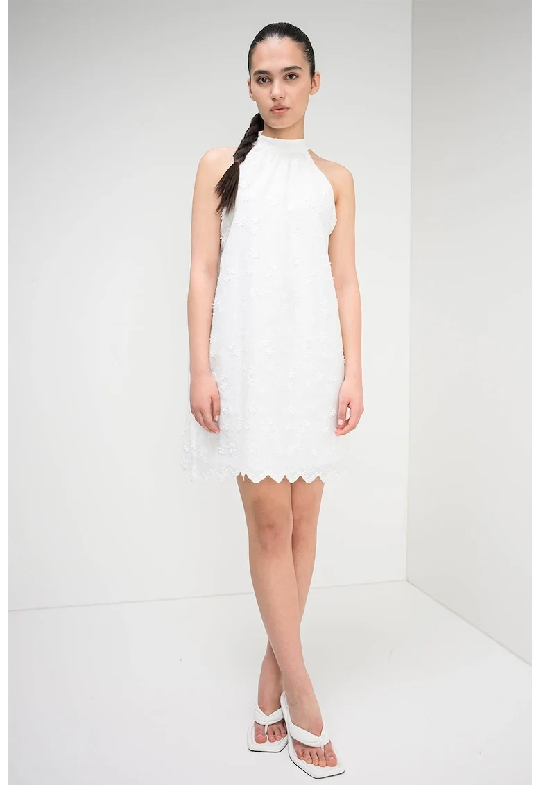 Rochie scurta cu model cu broderii florale, Alb