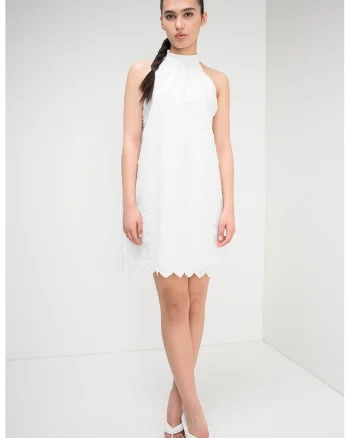 Rochie scurta cu model cu broderii florale, Alb