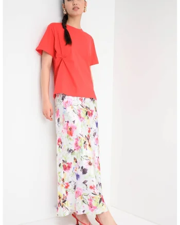 Tricou cu model uni si detaliu drapat, Rosu