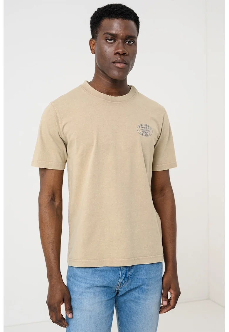 Tricou cu decolteu la baza gatului si detaliu logo, Kaki