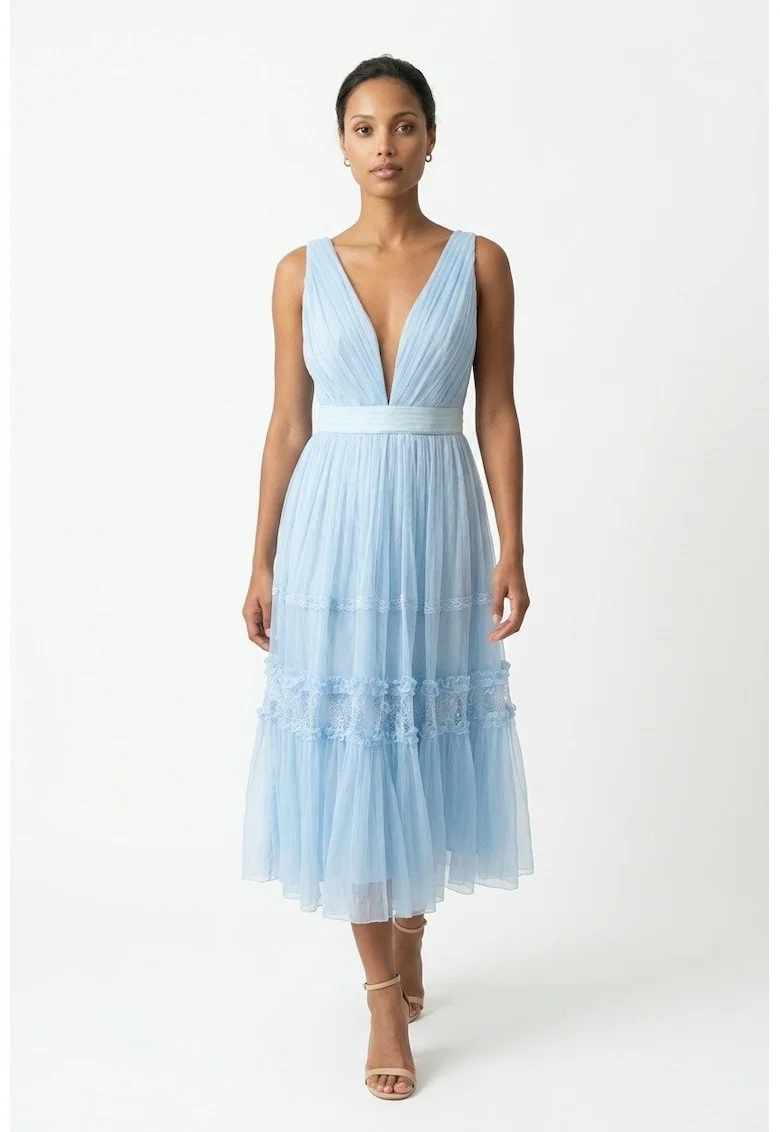 ambar stidio, Rochie midi din matase si dantela Amza, Albastru deschis
