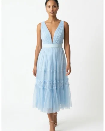 ambar stidio, Rochie midi din matase si dantela Amza, Albastru deschis
