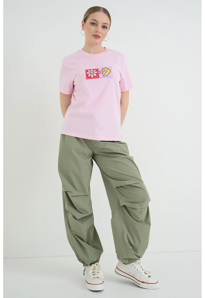 Tricou cu decolteu la baza gatului si imprimeu logo, Roz pastel