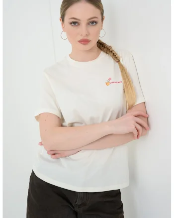 Tricou din bumbac cu imprimeu grafic, Crem