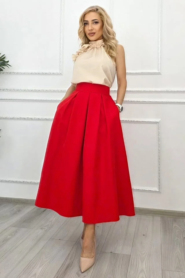 Fusta lunga evazata Mathilde, cu buzunare si pliuri, Rosu, Marime S/M/L