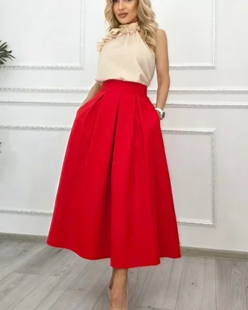 Fusta lunga evazata Mathilde, cu buzunare si pliuri, Rosu, Marime S/M/L