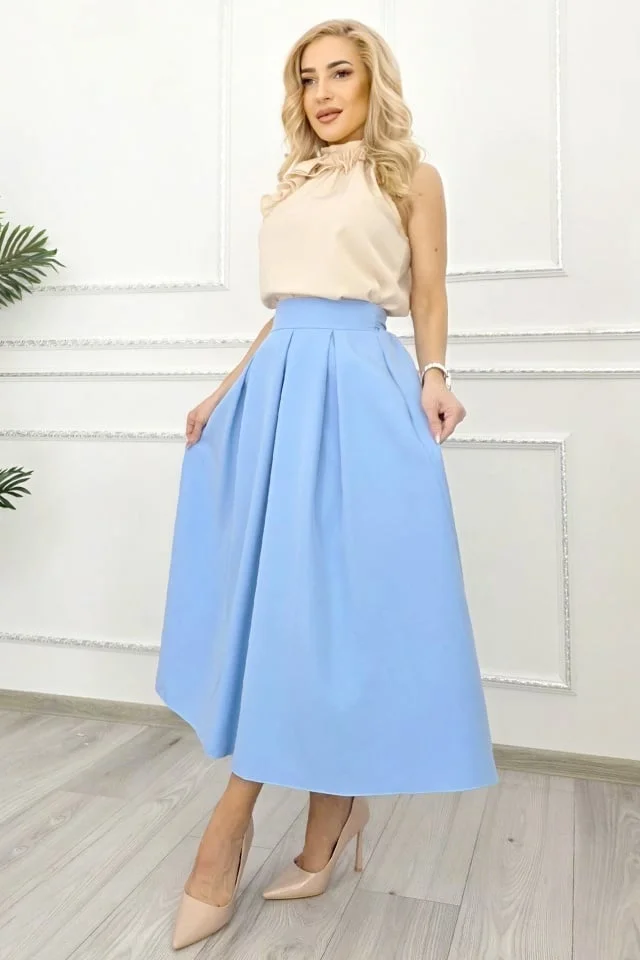 Fusta lunga evazata Mathilde, cu buzunare si pliuri, Baby Blue, Marime S/M/L