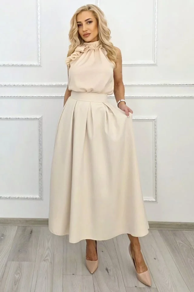 Fusta lunga evazata Mathilde, cu buzunare si pliuri, Crem, Marime S/M/L