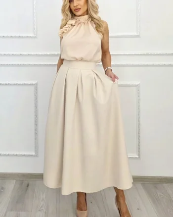 Fusta lunga evazata Mathilde, cu buzunare si pliuri, Crem, Marime S/M/L