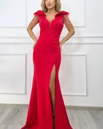 Rochie lunga, siraguri din cristale Valerina cu trena, Rosu, Marime S/M
