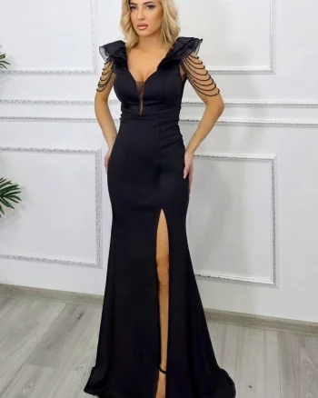 Rochie lunga, siraguri din cristale Valerina cu trena, Negru, Marime S/M