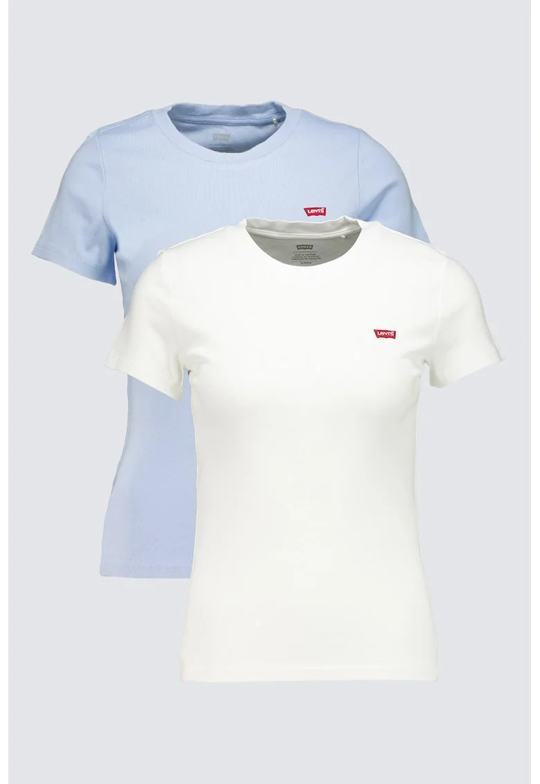 Set de tricouri slim fit de bumbac cu decolteu rotund - 2 piese, Alb/Albastru pastel