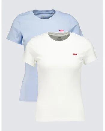 Set de tricouri slim fit de bumbac cu decolteu rotund - 2 piese, Alb/Albastru pastel