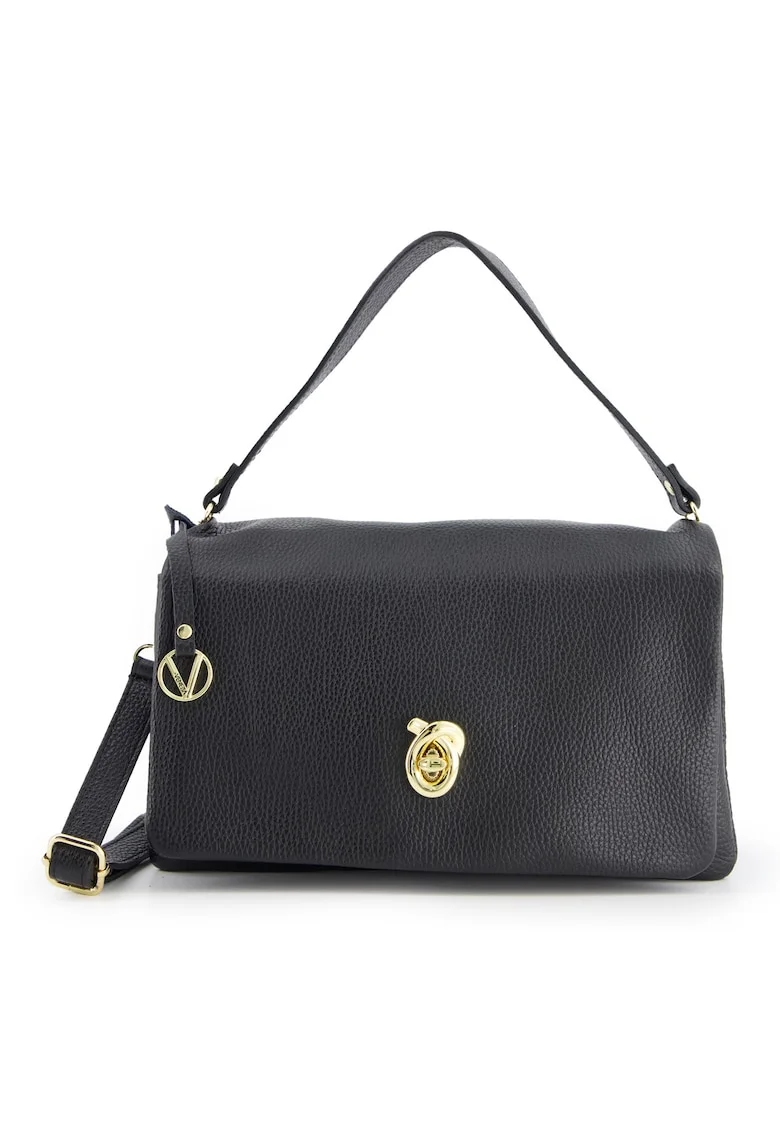 Geanta messenger din piele naturala,  neagra, 30x18x18cm, cu manere de 43cm, curea detasabila max 128cm, elemente metalice aurii