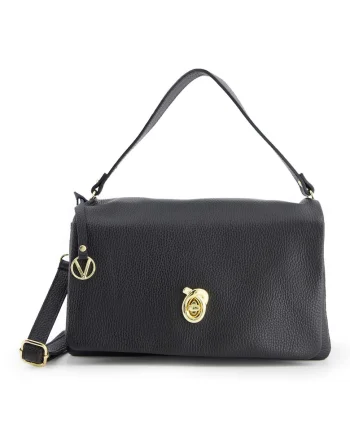Geanta messenger din piele naturala,  neagra, 30x18x18cm, cu manere de 43cm, curea detasabila max 128cm, elemente metalice aurii