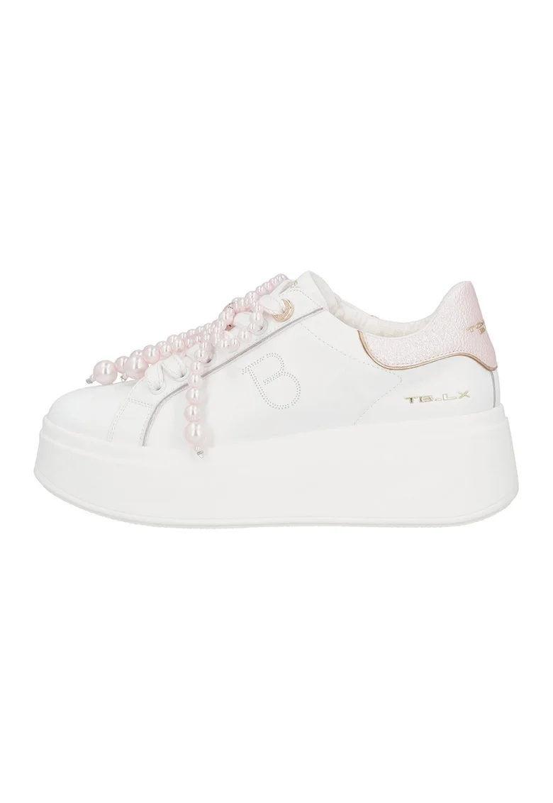 Pantofi sport din piele si piele ecologica, Alb/Roz pastel