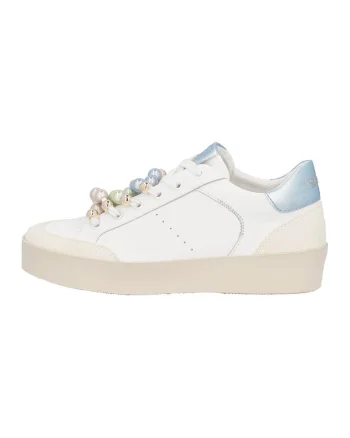 Pantofi sport din piele cu sireturi cu margele, Alb/Albastru glaciar