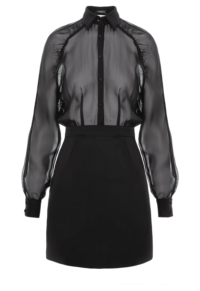 Rochie camasa scurta cu maneci raglan din vascoza, Negru