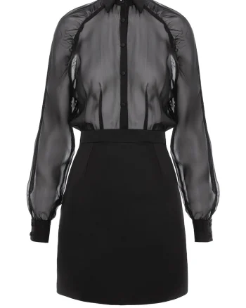 Rochie camasa scurta cu maneci raglan din vascoza, Negru