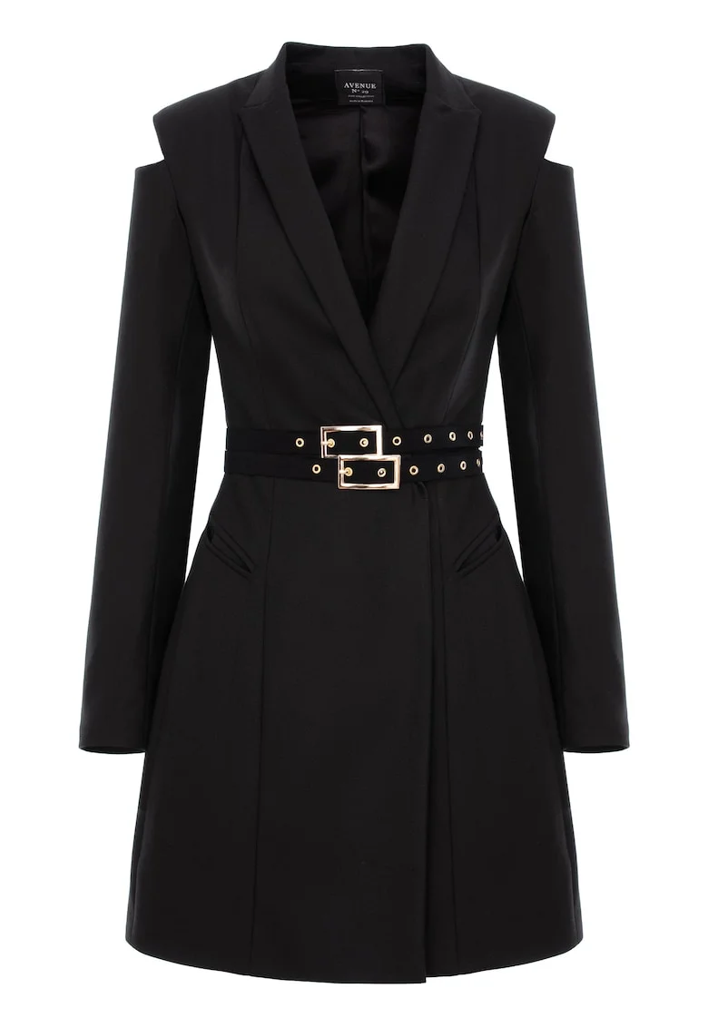 Rochie tip blazer cu decupaje la umeri si curea dubla, Negru