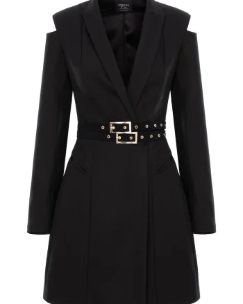 Rochie tip blazer cu decupaje la umeri si curea dubla, Negru