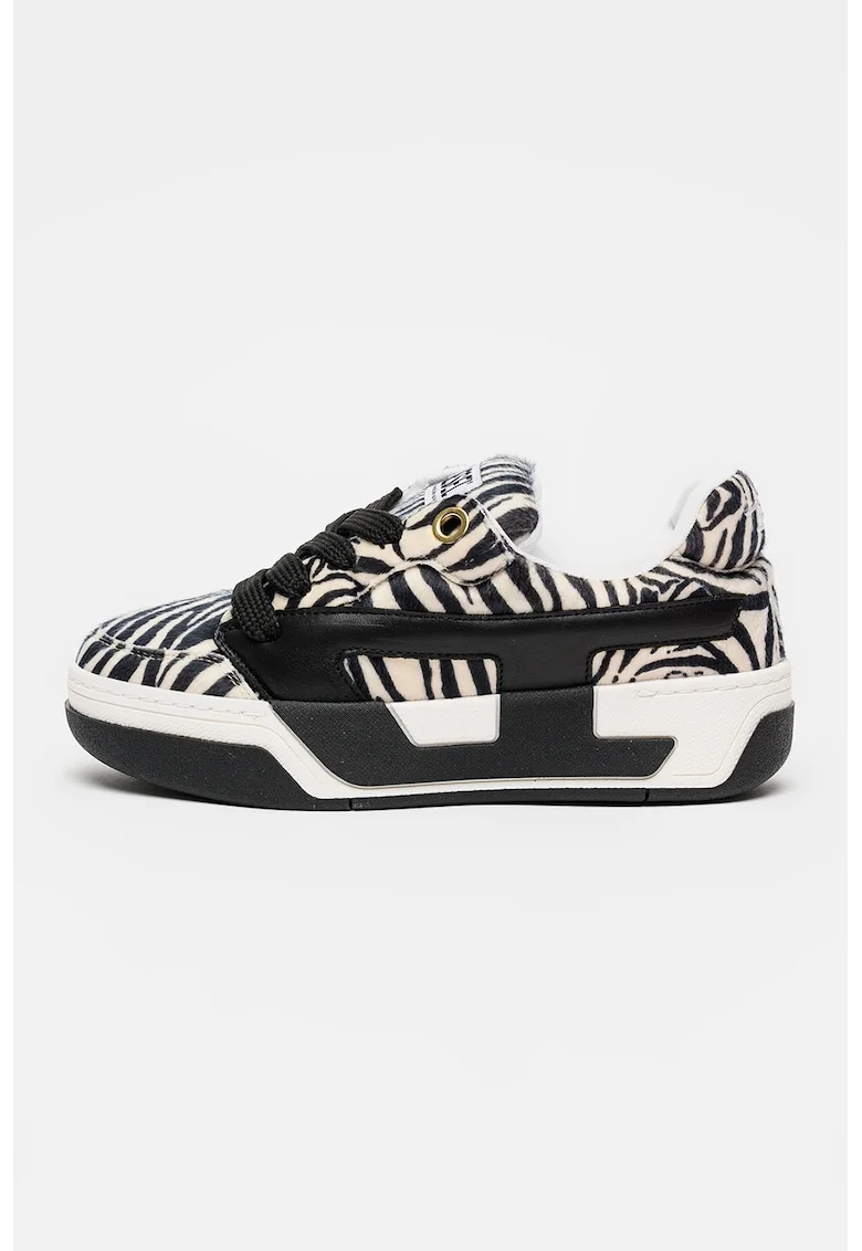 Pantofi sport Ollie din piele cu par scurt si animal print, Alb fildes/Negru