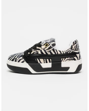Pantofi sport Ollie din piele cu par scurt si animal print, Alb fildes/Negru