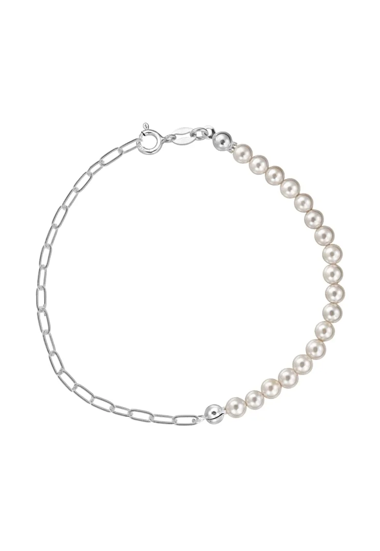 Bratara argint 925 cu perle naturale 4mm + lant paperclip, inchizatoare clasica, Alb | Bej