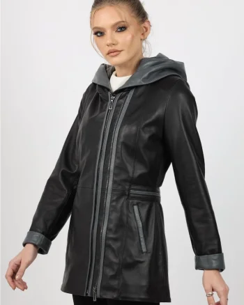 Geaca de Dama din Piele de Miel cu Gluga, Model Olimpia, Negru