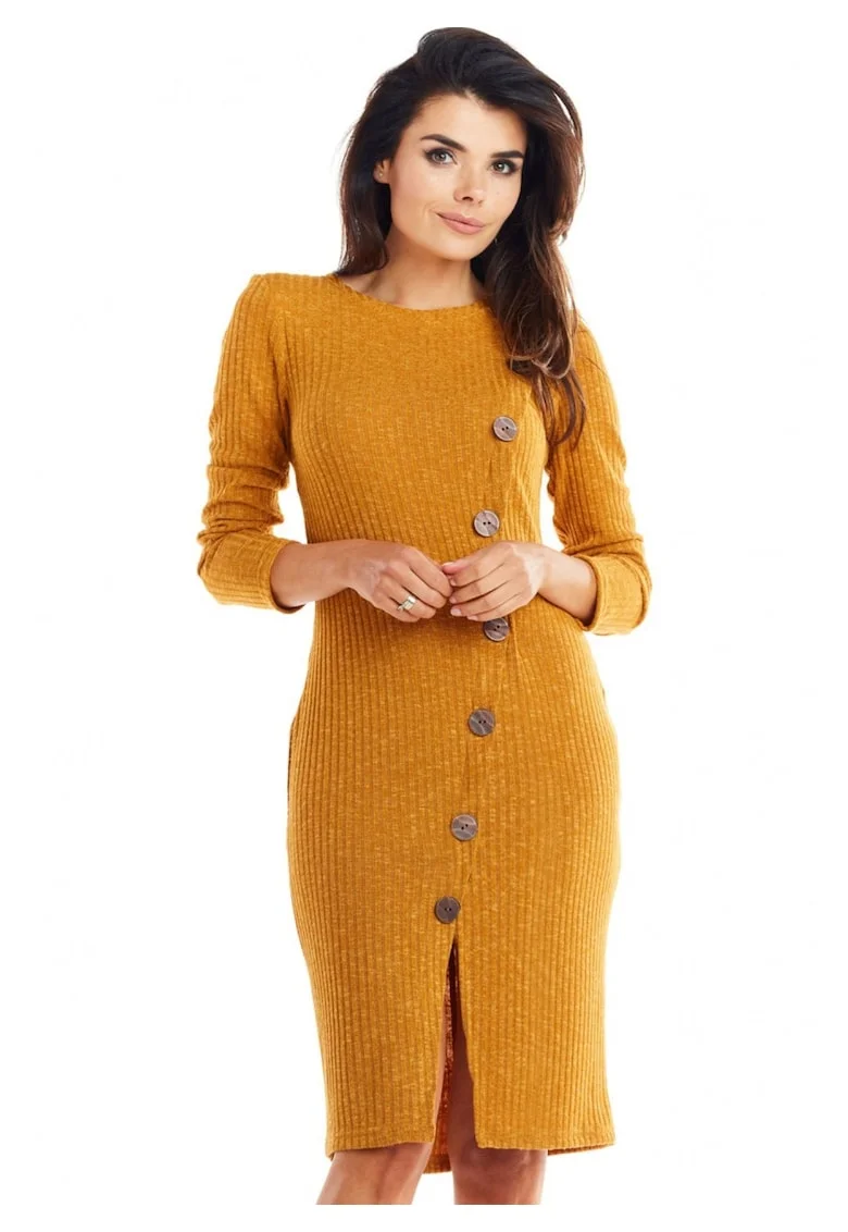 Rochie De Dama,  Model Tricotat Cu Nasturi Asimetrici, Marimea M, Camel, 65% Vascoza 32% Poliester 3% Spandex, Rochie Midi Cu Maneca 3/4 Si Slit, Rochii Elegante Office, Croiala Mulata Foarte Confortabila, Fabricata In Polonia, Design Luxos