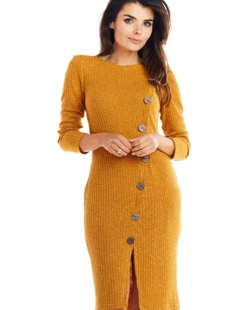 Rochie De Dama,  Model Tricotat Cu Nasturi Asimetrici, Marimea M, Camel, 65% Vascoza 32% Poliester 3% Spandex, Rochie Midi Cu Maneca 3/4 Si Slit, Rochii Elegante Office, Croiala Mulata Foarte Confortabila, Fabricata In Polonia, Design Luxos