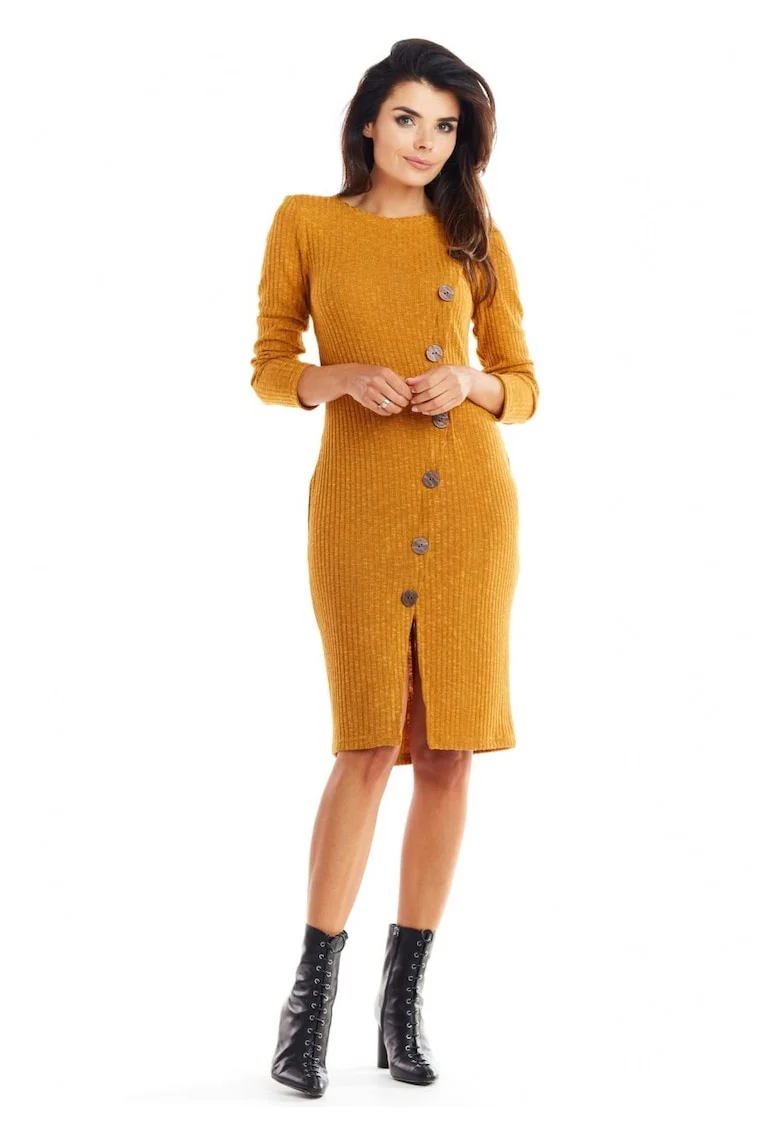 Rochie De Dama,  Model Tricotat Cu Nasturi Asimetrici, Marimea S, Camel, 65% Vascoza 32% Poliester 3% Spandex, Rochie Midi Cu Maneca 3/4 Si Slit, Rochii Elegante Office, Croiala Mulata Foarte Confortabila, Fabricata In Polonia, Design Luxos