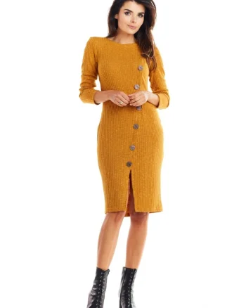 Rochie De Dama,  Model Tricotat Cu Nasturi Asimetrici, Marimea S, Camel, 65% Vascoza 32% Poliester 3% Spandex, Rochie Midi Cu Maneca 3/4 Si Slit, Rochii Elegante Office, Croiala Mulata Foarte Confortabila, Fabricata In Polonia, Design Luxos