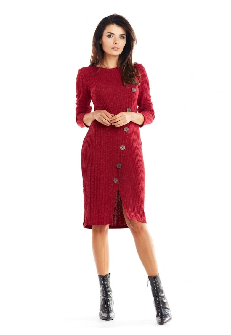 Rochie De Dama,  Model Tricotat Cu Nasturi Asimetrici, Marimea S, Bordo, 65% Vascoza 32% Poliester 3% Spandex, Rochie Midi Cu Maneca 3/4 Si Slit, Rochii Elegante Office, Croiala Mulata Foarte Confortabila, Fabricata In Polonia, Design Luxos