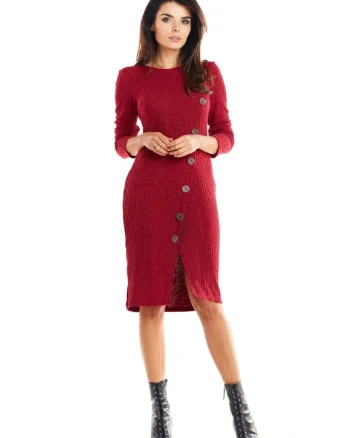 Rochie De Dama,  Model Tricotat Cu Nasturi Asimetrici, Marimea S, Bordo, 65% Vascoza 32% Poliester 3% Spandex, Rochie Midi Cu Maneca 3/4 Si Slit, Rochii Elegante Office, Croiala Mulata Foarte Confortabila, Fabricata In Polonia, Design Luxos