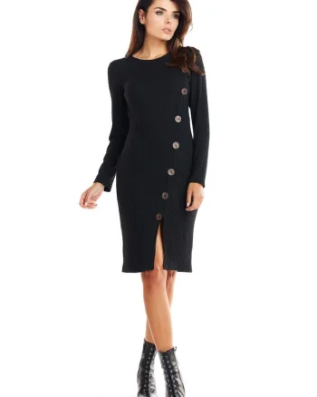 Rochie De Dama,  Model Tricotat Cu Nasturi Asimetrici, Negru, 65% Vascoza 32% Poliester 3% Spandex, Rochie Midi Cu Maneca 3/4 Si Slit, Rochii Elegante Office, Croiala Mulata Foarte Confortabila, Fabricata In Polonia, Design Luxos