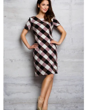 Rochie De Dama,  Model Evazat In Carouri, Marimea M, Maro, 95% Poliester 5% Elastan, Rochie Midi Cu Maneca Scurta, Rochii Elegante Office, Tinuta De Zi Luxoasa, Croiala Feminina Rafinata, Fabricata In Polonia, Design Modern Si Premium