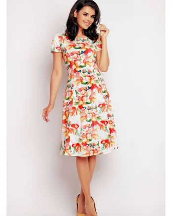 Rochie De Dama,  Model Evazat Tricotat, Imprimeu Floral Portocaliu, 95% Poliester 5% Elastan, Rochie Midi Cu Maneca Scurta, Rochii Elegante De Zi, Tinuta Office Casual, Croiala Clasica, Fabricata In Polonia, Fashion Confortabil, Portocaliu
