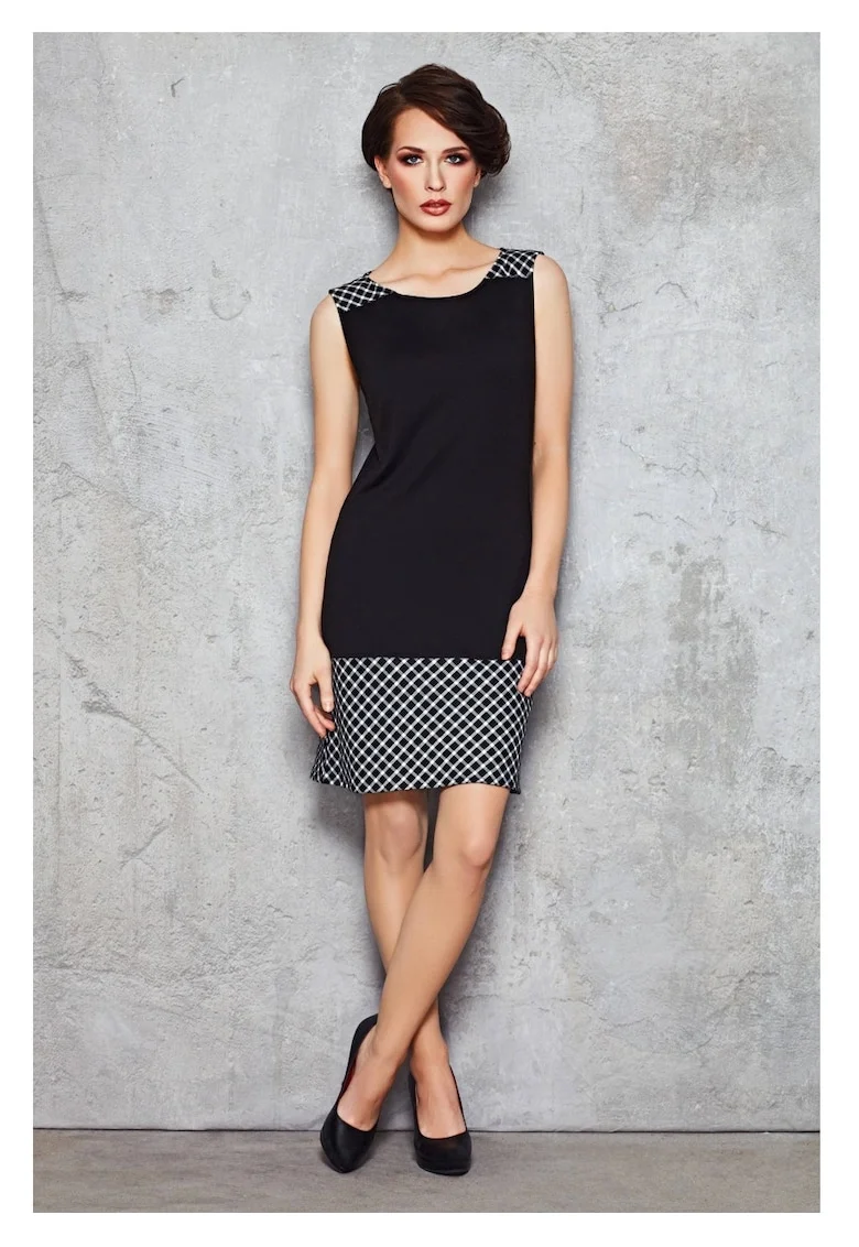 Rochie De Dama,  Model Creion, Negru, Carouri Mici, Rochie Midi Cu Bretele, Rochii Elegante Office Pentru Femei, Tinuta Luxoasa, Croiala Mulata, Fabricata In Polonia, Fashion Si Stil Modern Premium - 65875, Negru