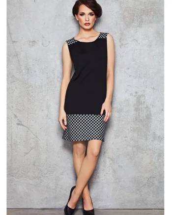 Rochie De Dama,  Model Creion, Negru, Carouri Mici, Rochie Midi Cu Bretele, Rochii Elegante Office Pentru Femei, Tinuta Luxoasa, Croiala Mulata, Fabricata In Polonia, Fashion Si Stil Modern Premium - 65875, Negru